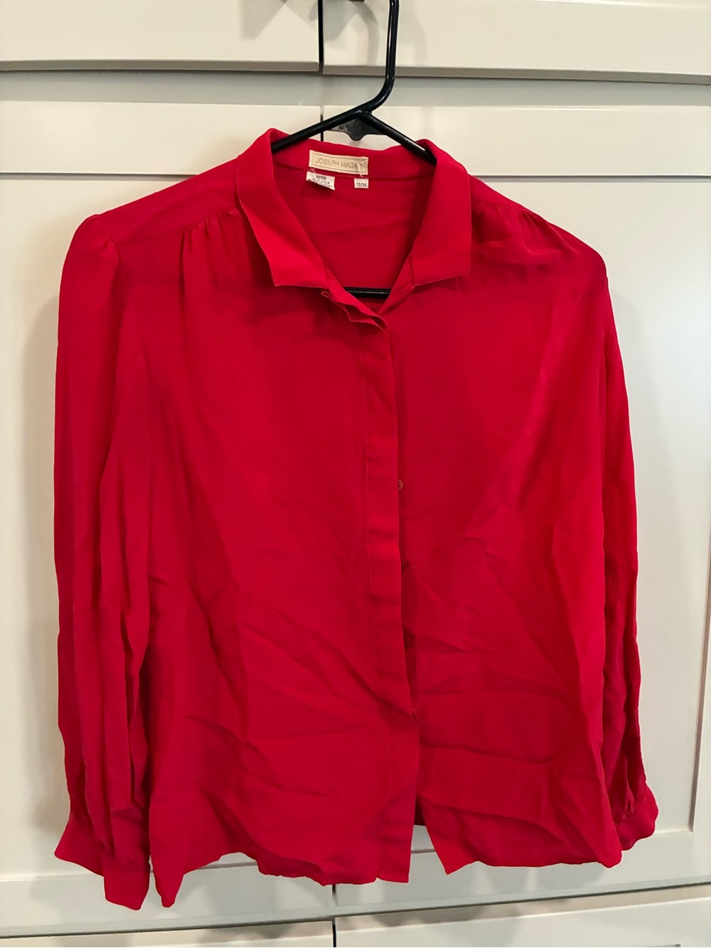 I Magnin Vintage Red Silk Button-Down Blouse puff sleeve